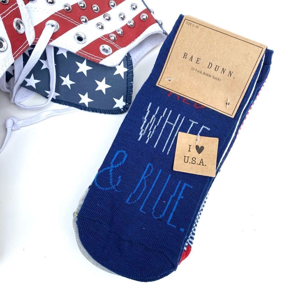 Rae Dunn Patriotic Ankle Socks 10pk Red White Blue NWT